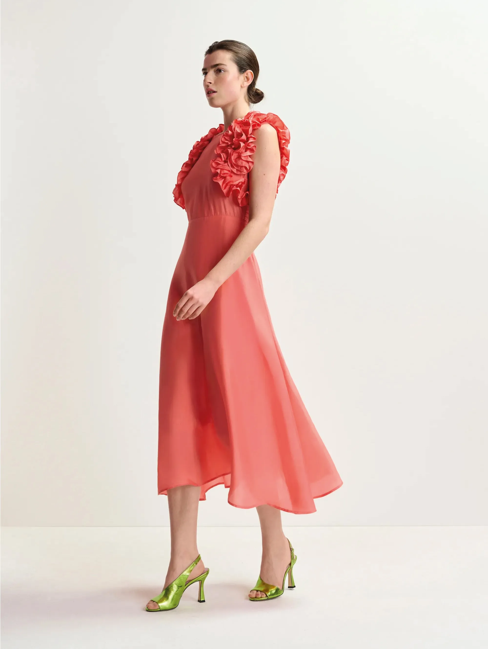 Coral Floral Ruffle Silk Midi Dress
