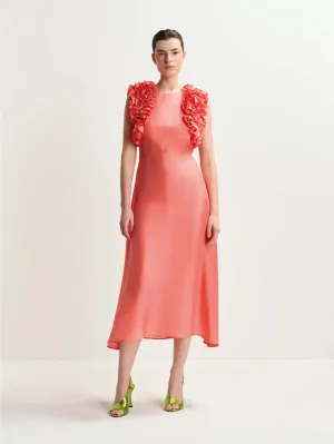 Coral Floral Ruffle Silk Midi Dress