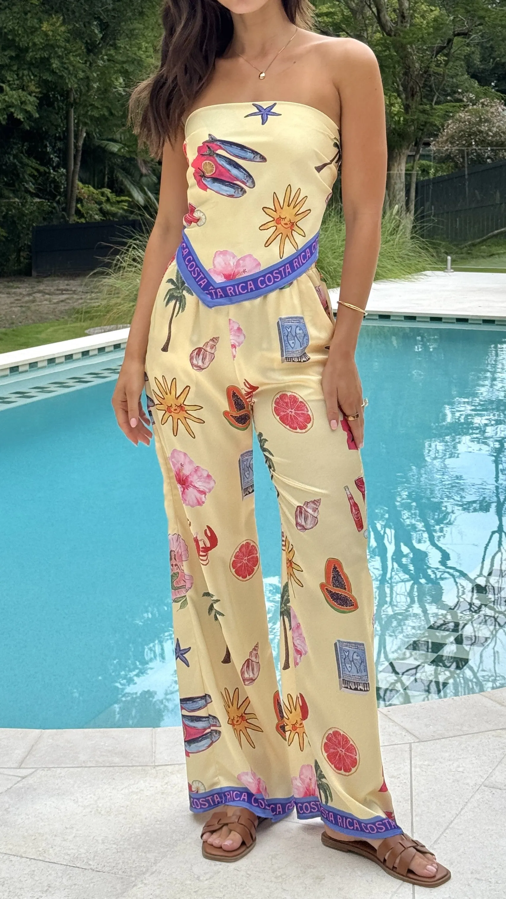 Costa Rica Satin Scarf Top and Pants Set - Yellow