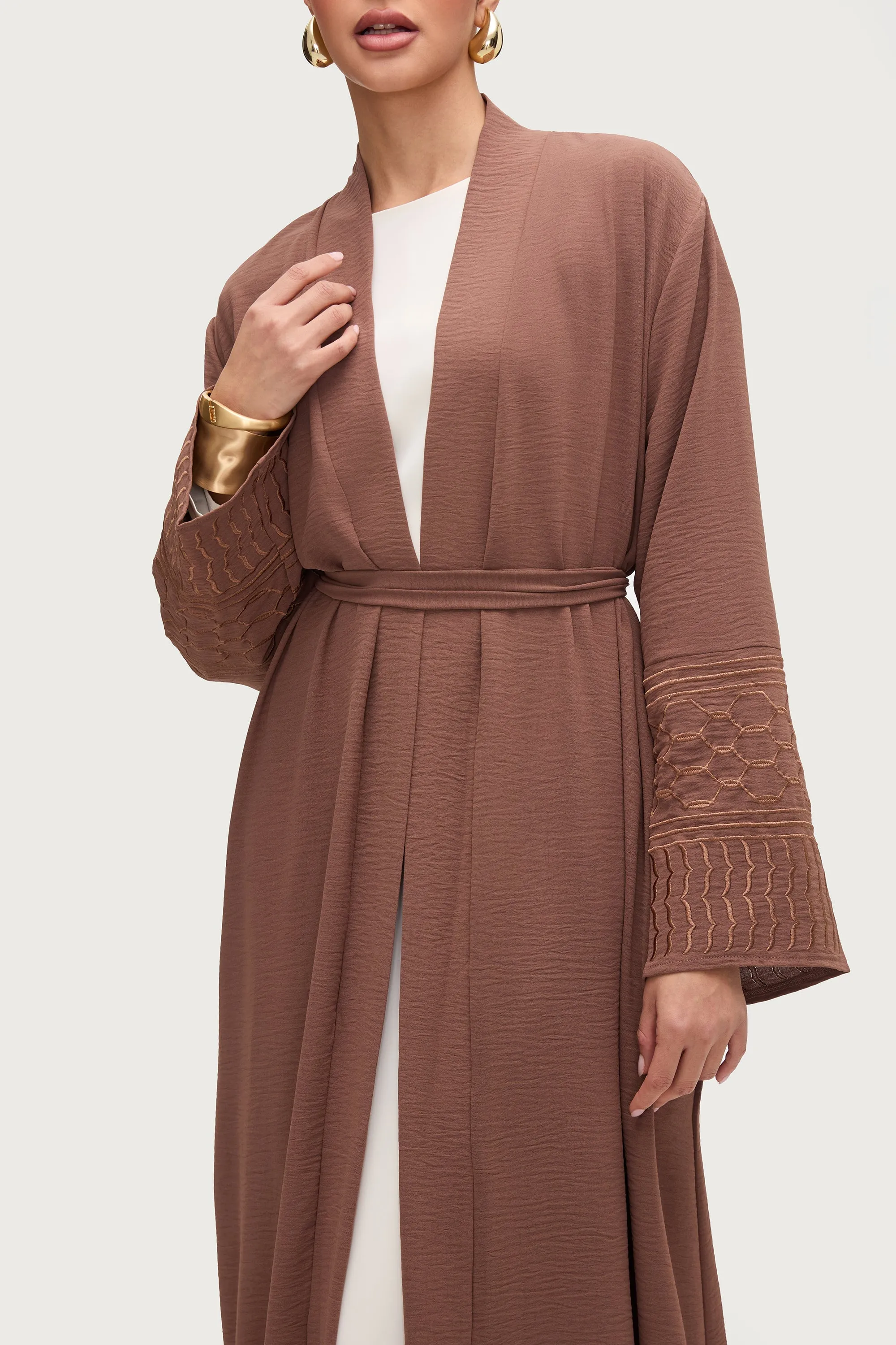 Dima Embroidered Open Abaya - Truffle