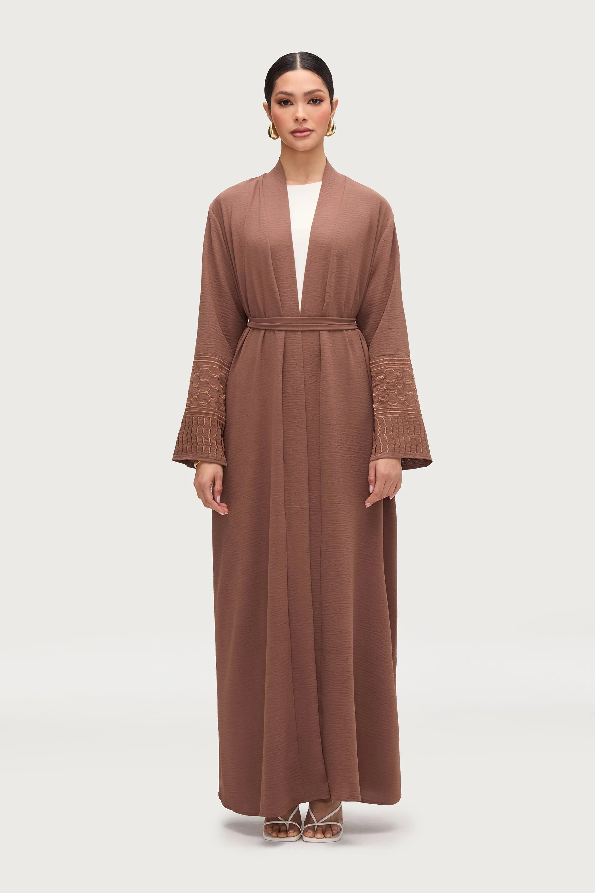 Dima Embroidered Open Abaya - Truffle