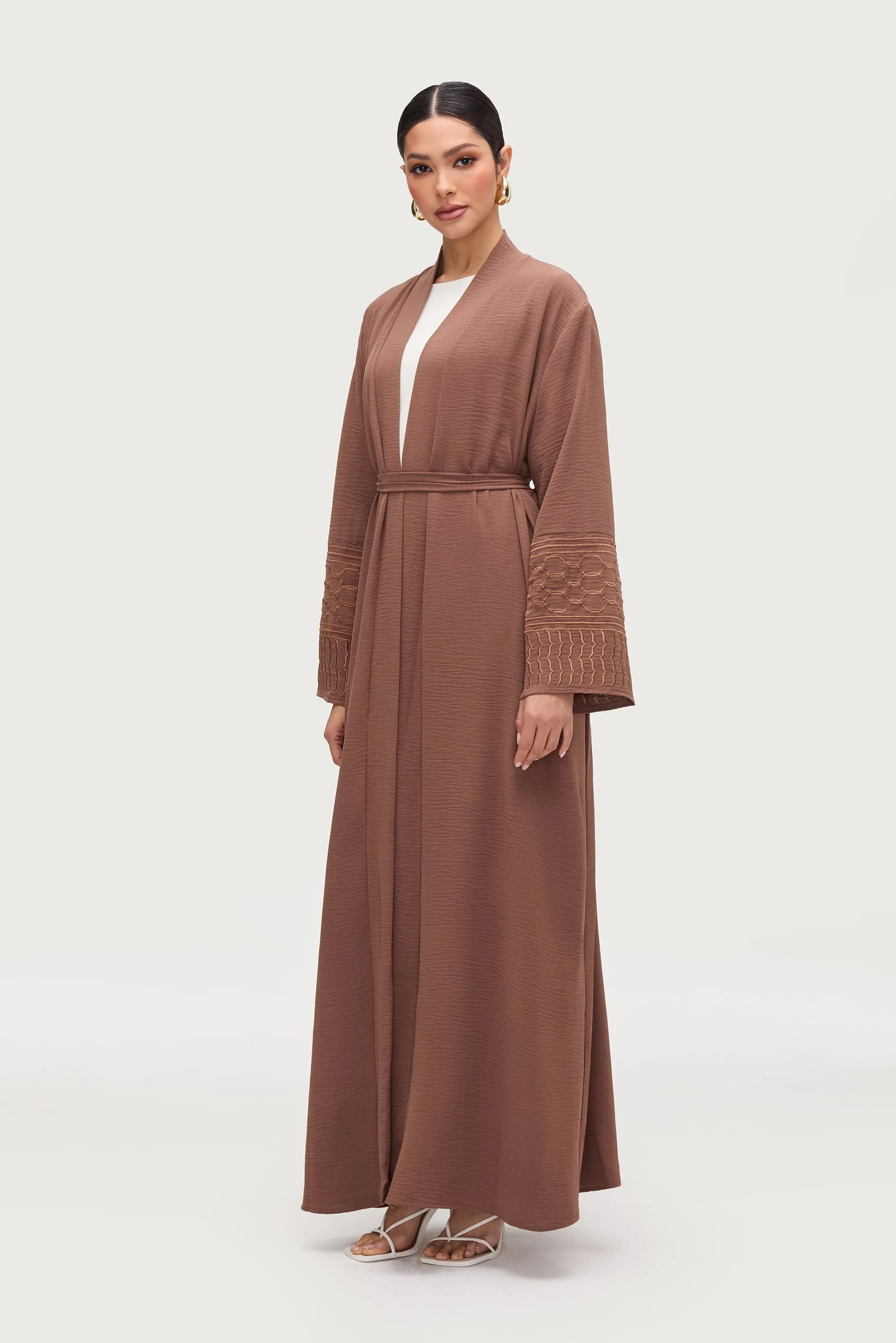Dima Embroidered Open Abaya - Truffle