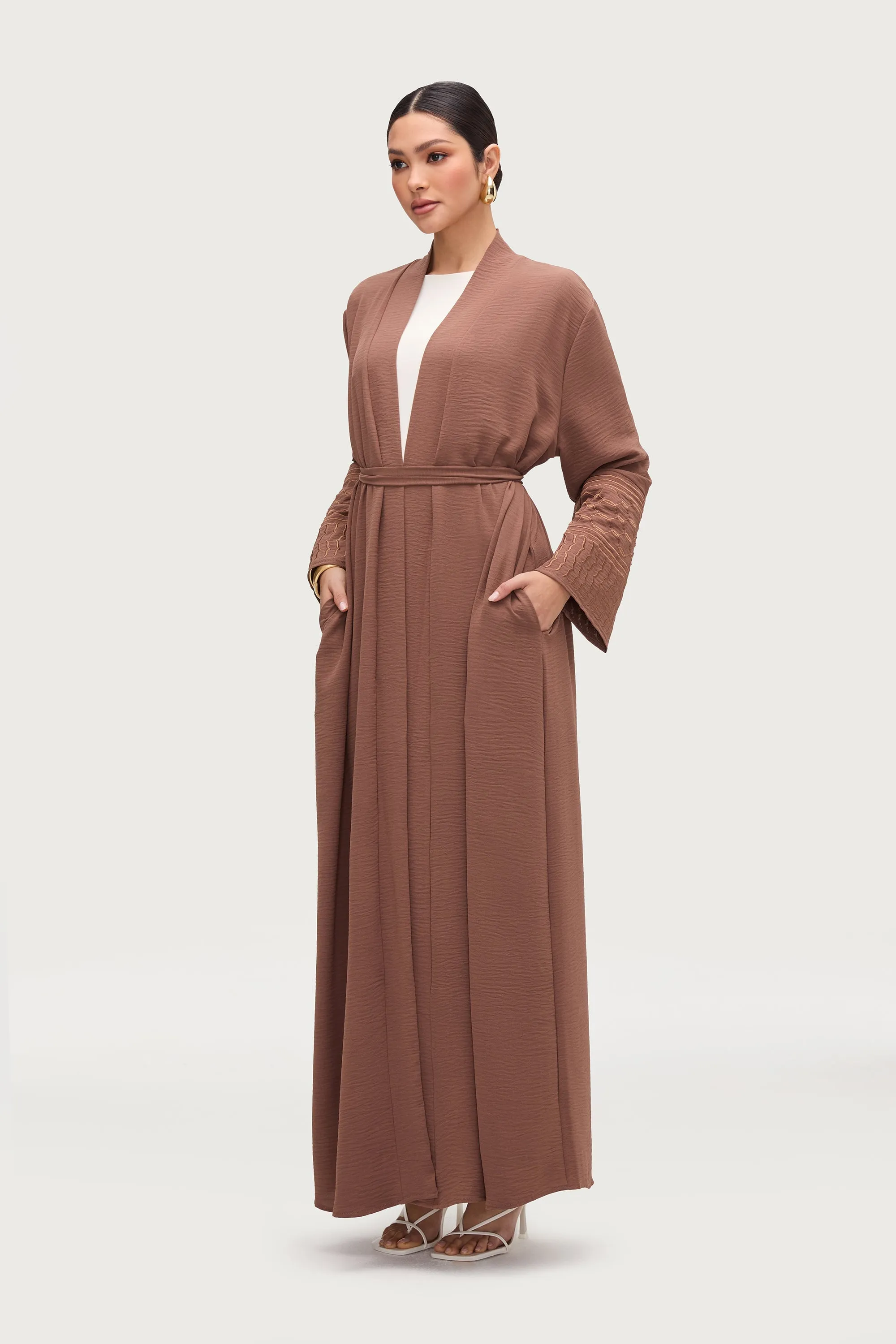 Dima Embroidered Open Abaya - Truffle