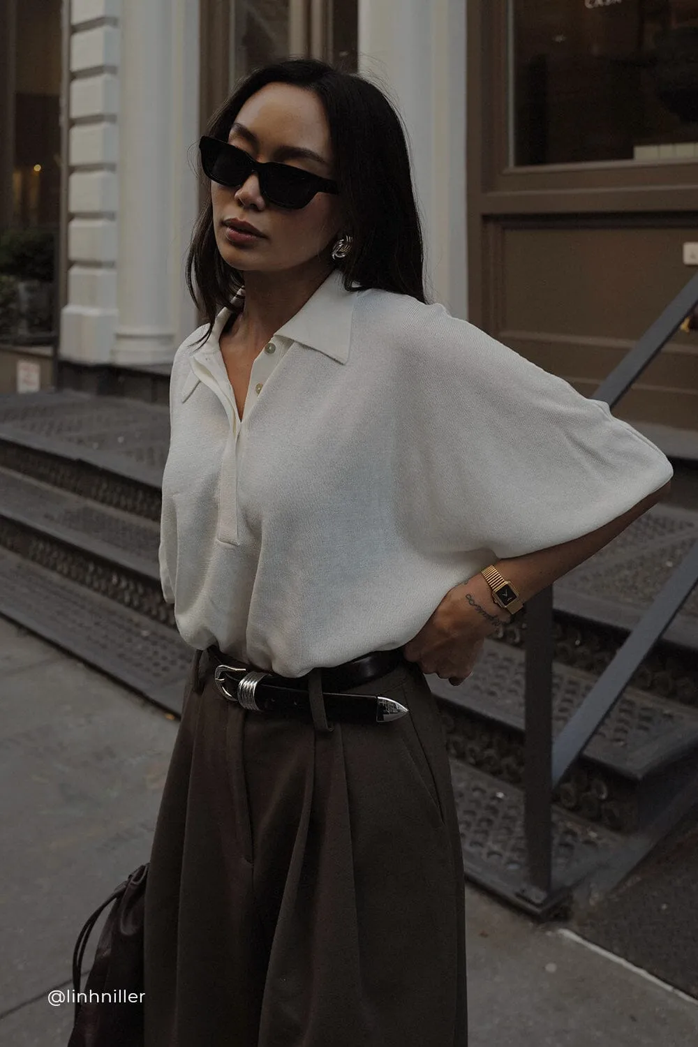 ELI CREAM POLO KNIT TOP