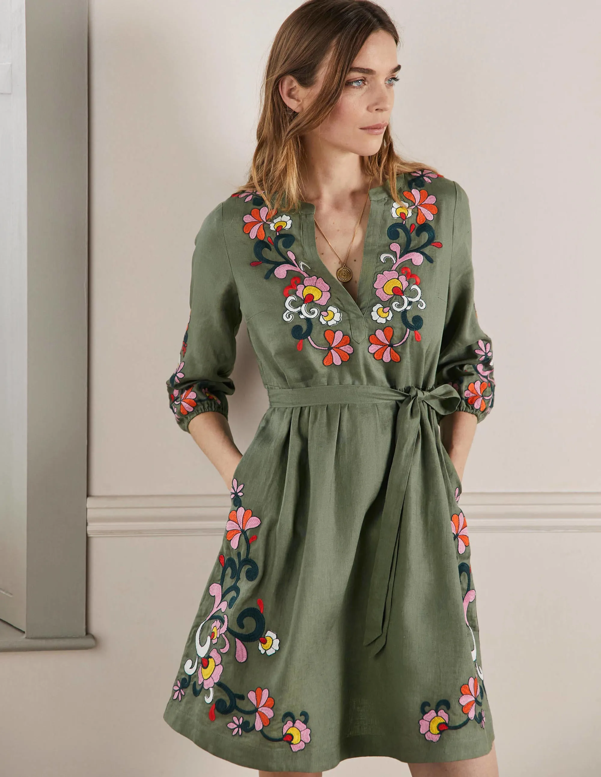 Embroidered Linen Dress-Alder