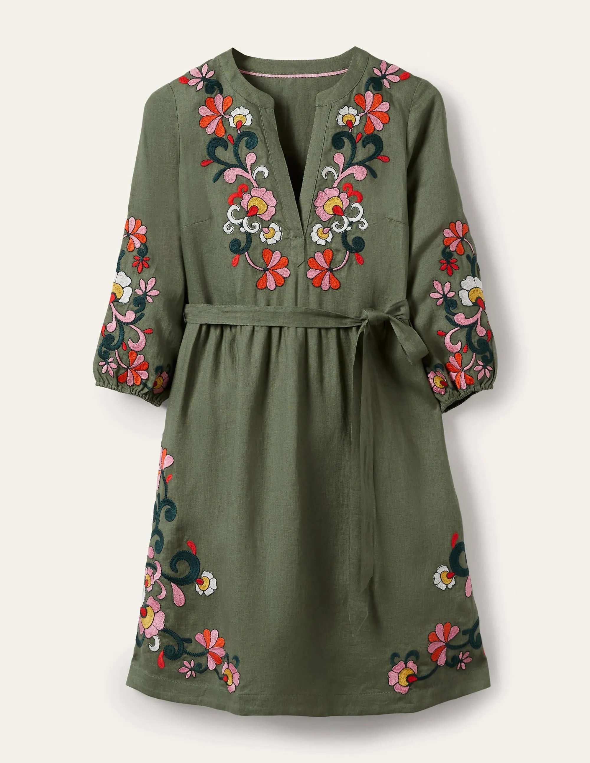 Embroidered Linen Dress-Alder