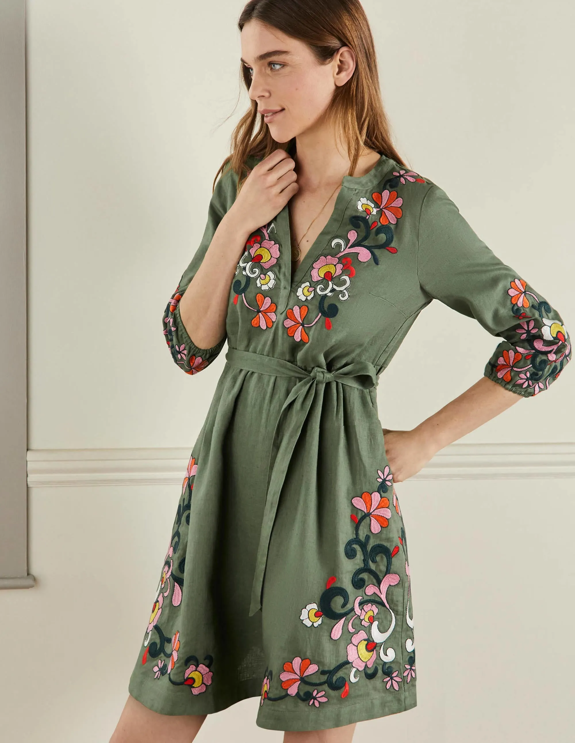 Embroidered Linen Dress-Alder