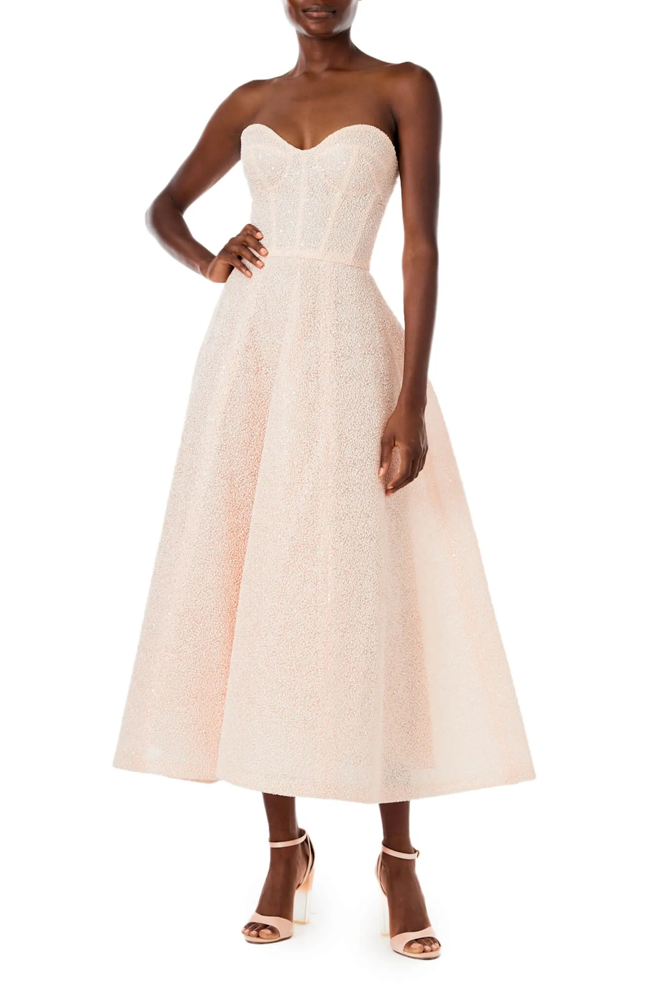 Embroidered Strapless Tea Length Dress