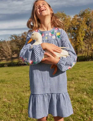 Embroidered Woven Dress-Starboard Blue Gingham