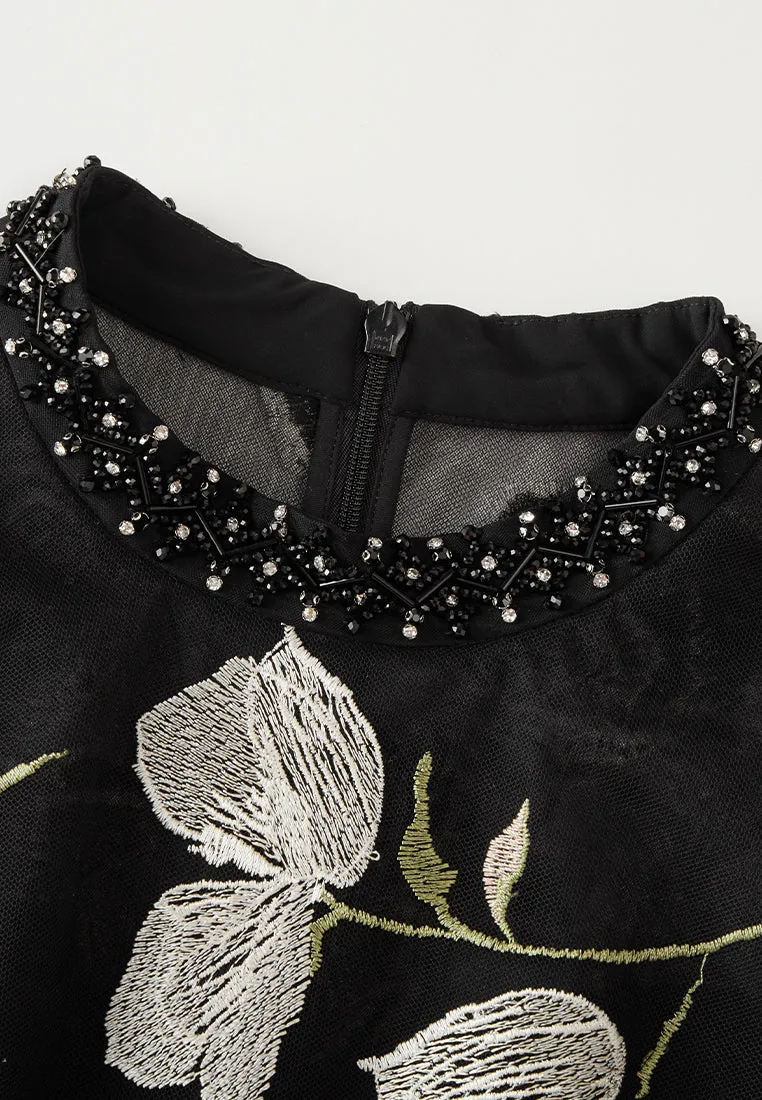 Embroidery-detail Tie-belt Embellished Mesh Dress