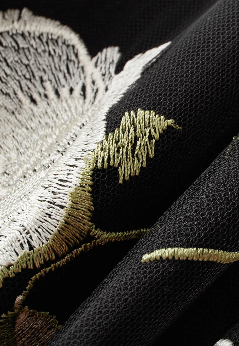 Embroidery-detail Tie-belt Embellished Mesh Dress