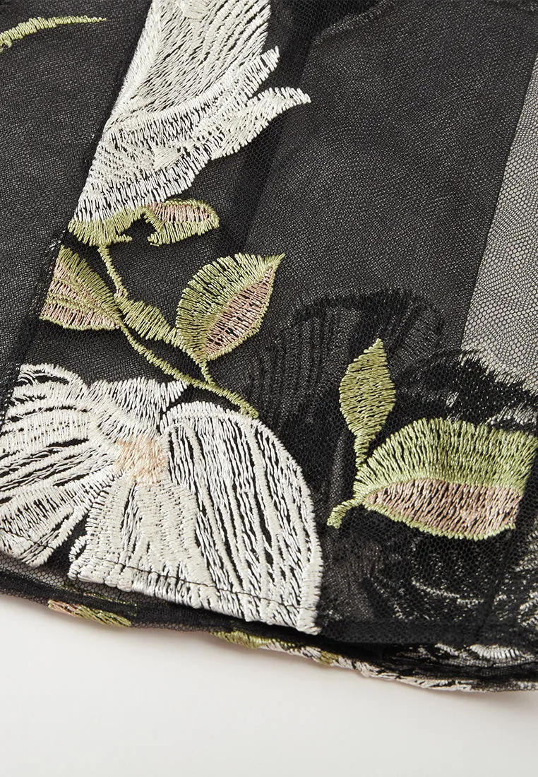 Embroidery-detail Tie-belt Embellished Mesh Dress