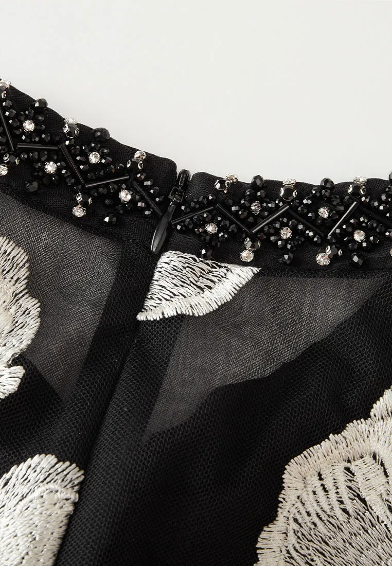 Embroidery-detail Tie-belt Embellished Mesh Dress