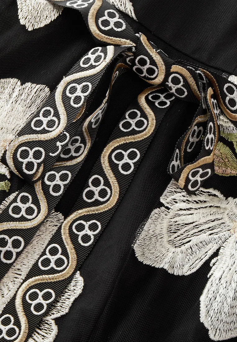 Embroidery-detail Tie-belt Embellished Mesh Dress