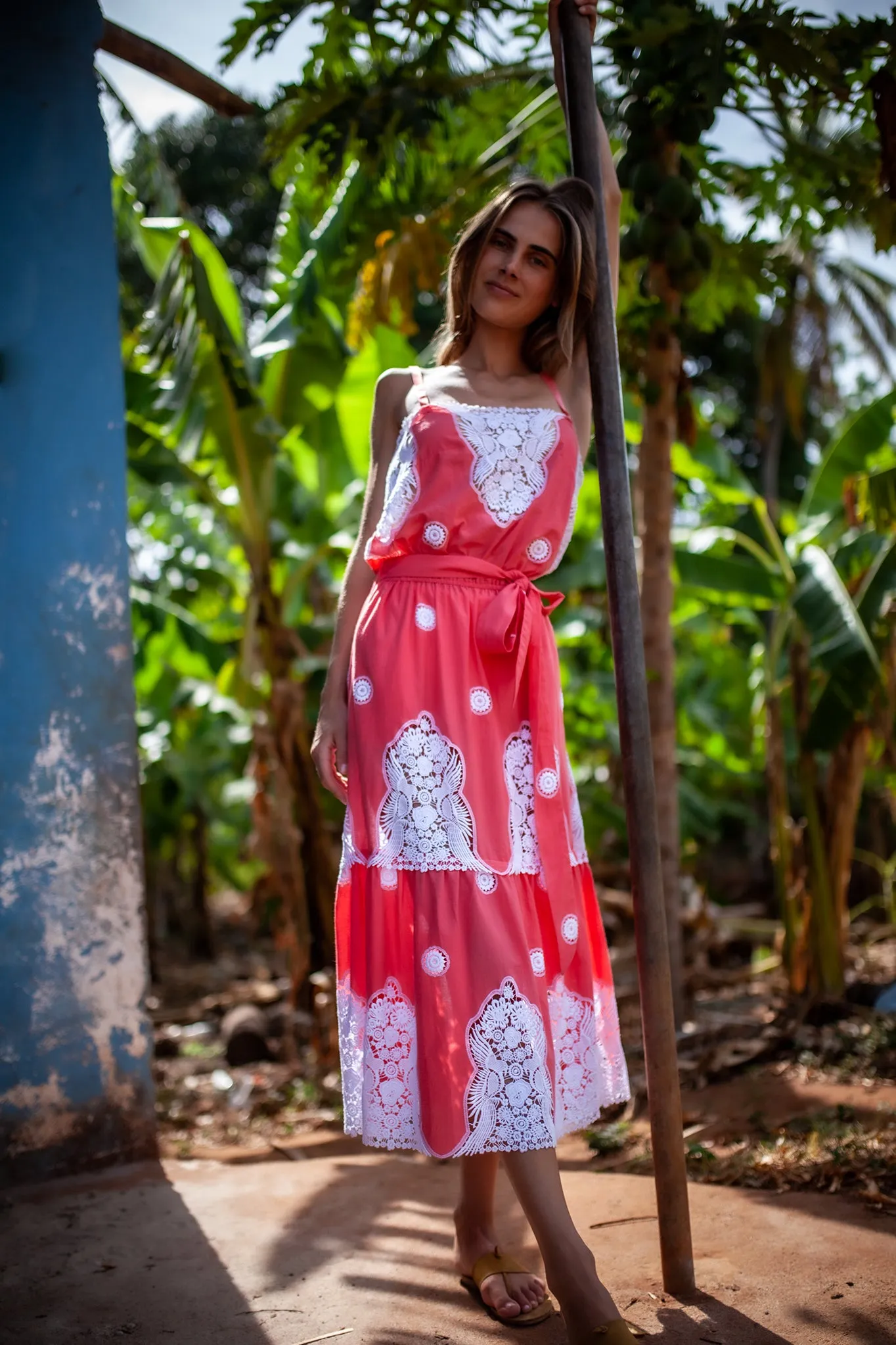 Esme Falcon Cotton Embroidered Dress - Watermelon