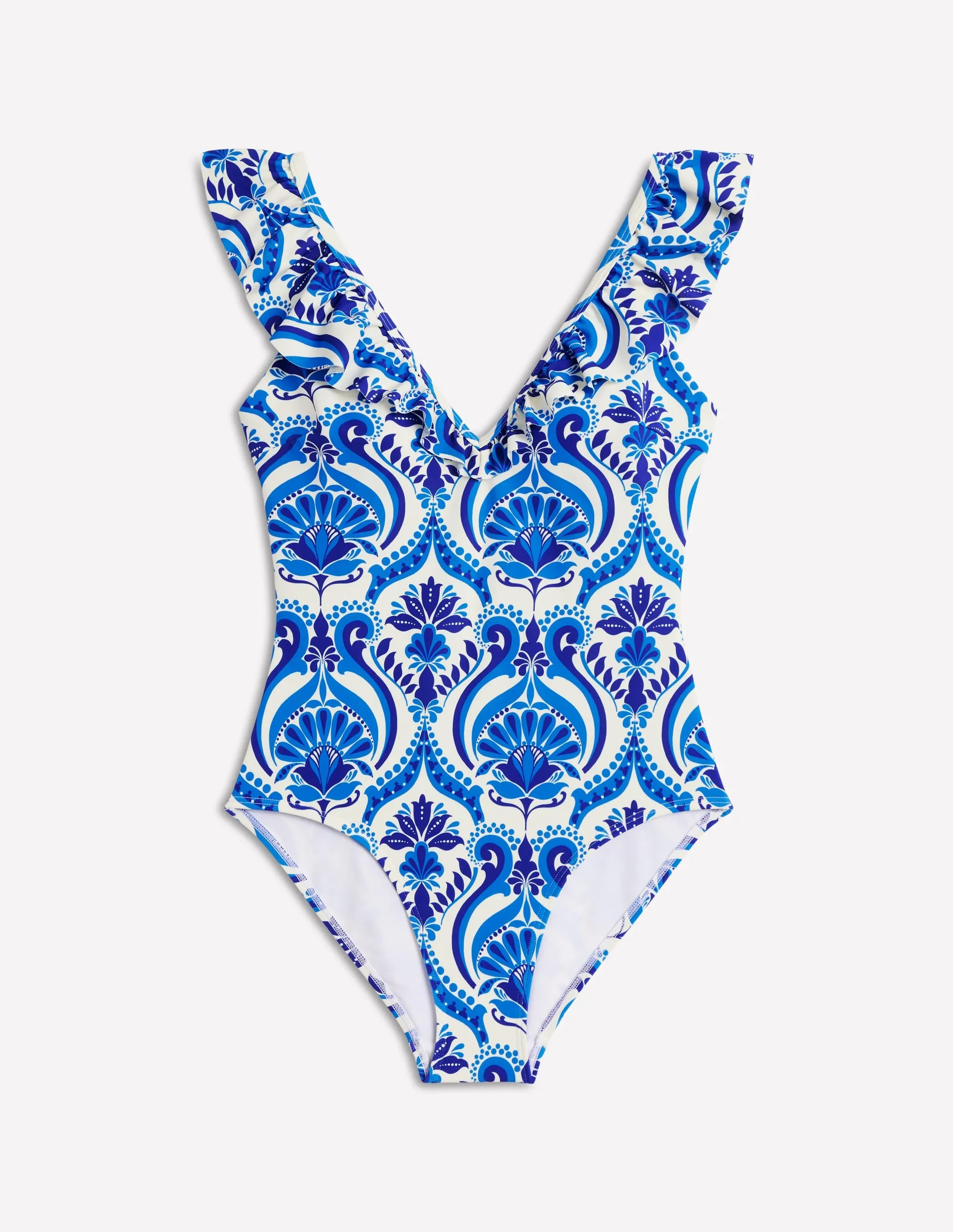 Evia Ruffle Swimsuit-Blue. Ornamental Floral