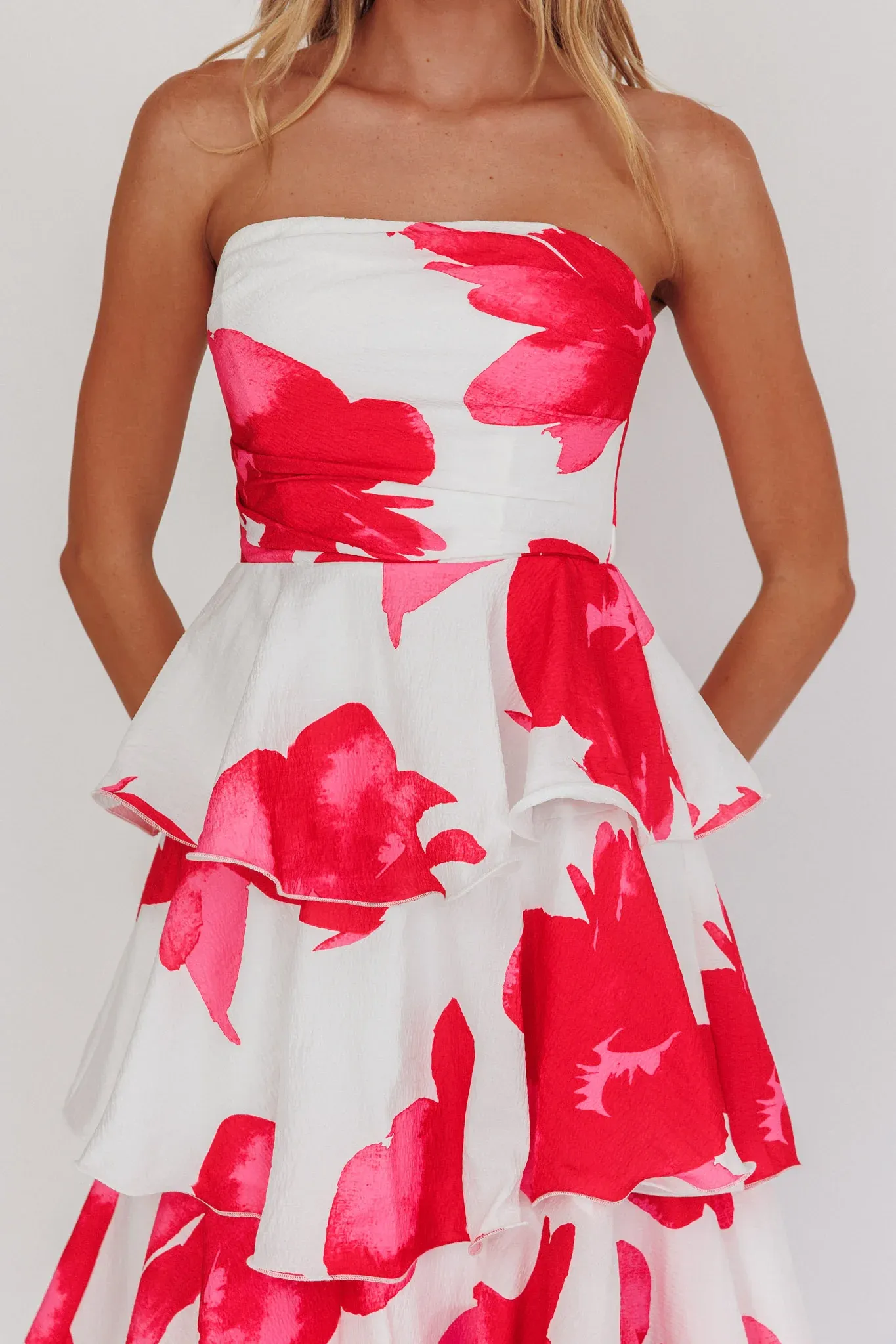 Giavana Strapless Layered Midi Dress Floral Red