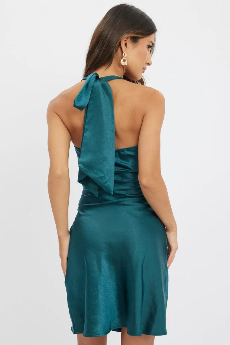 Green Mini Dress Cowl Neck Satin