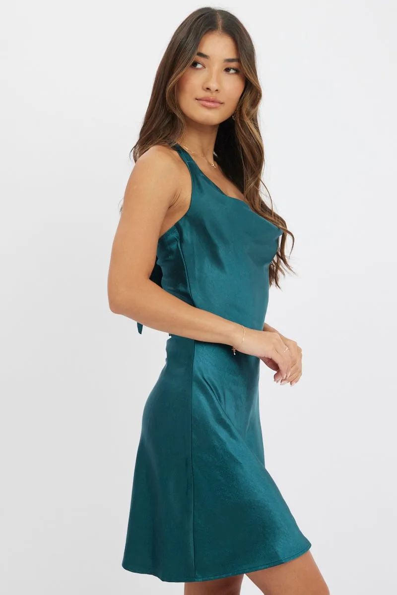 Green Mini Dress Cowl Neck Satin