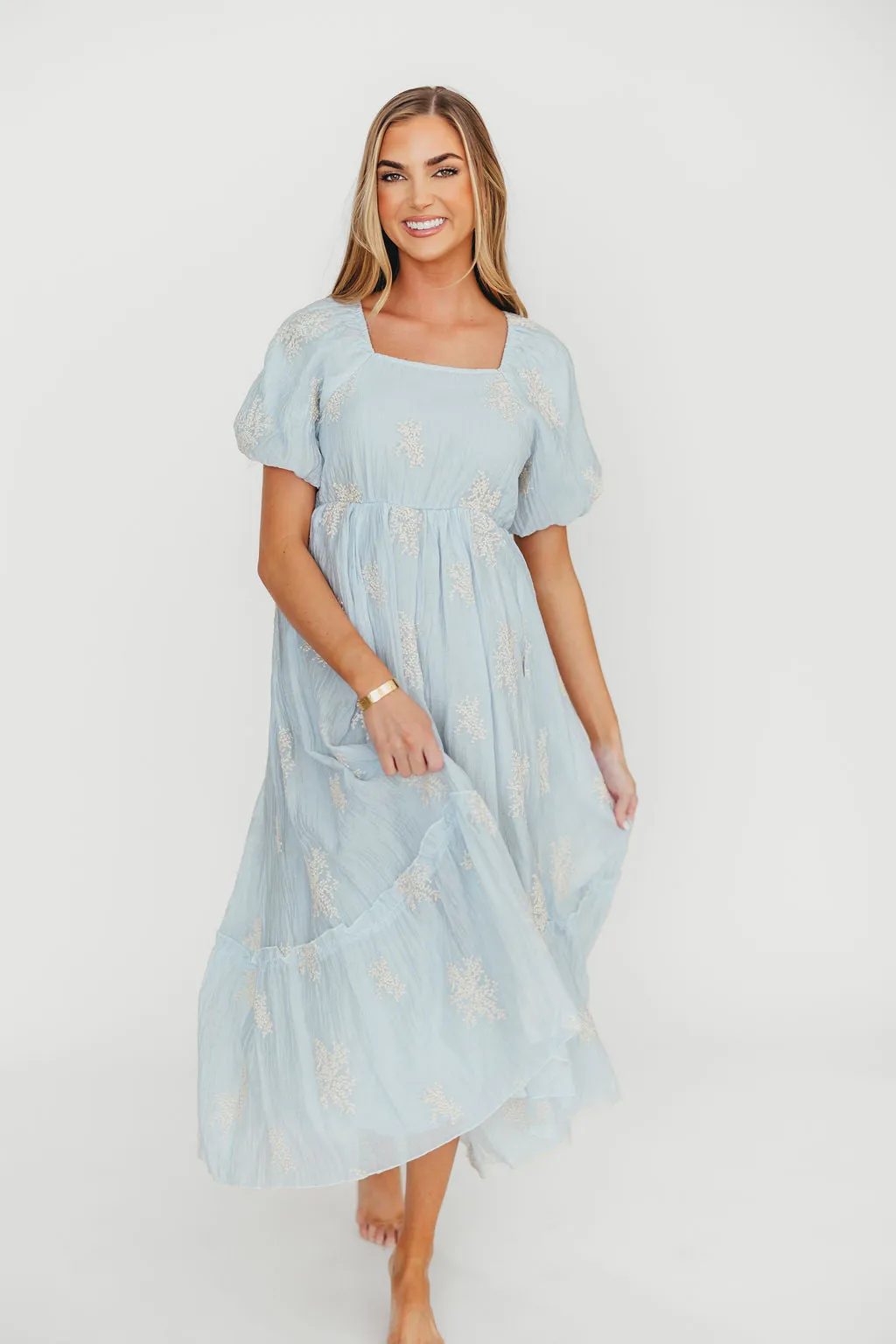 Hallie Embroidered Maxi Dress in Powder Blue - Bump Friendly & Inclusive Sizing (S-3XL)
