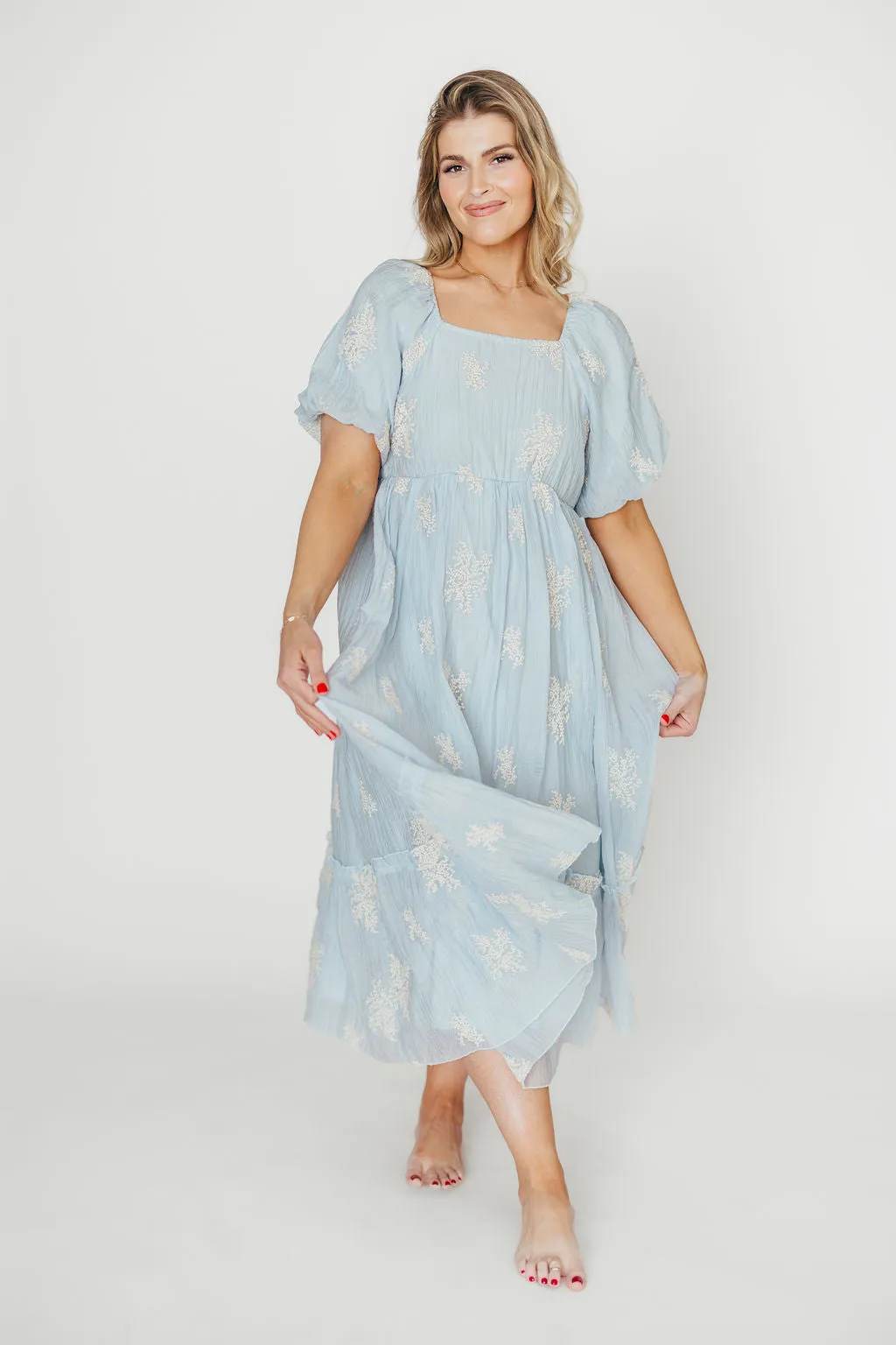 Hallie Embroidered Maxi Dress in Powder Blue - Bump Friendly & Inclusive Sizing (S-3XL)
