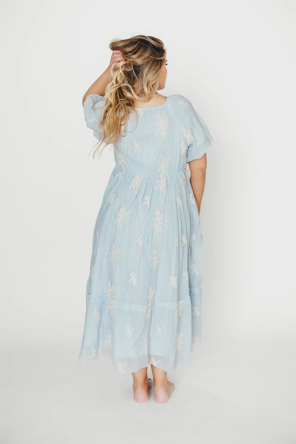 Hallie Embroidered Maxi Dress in Powder Blue - Bump Friendly & Inclusive Sizing (S-3XL)