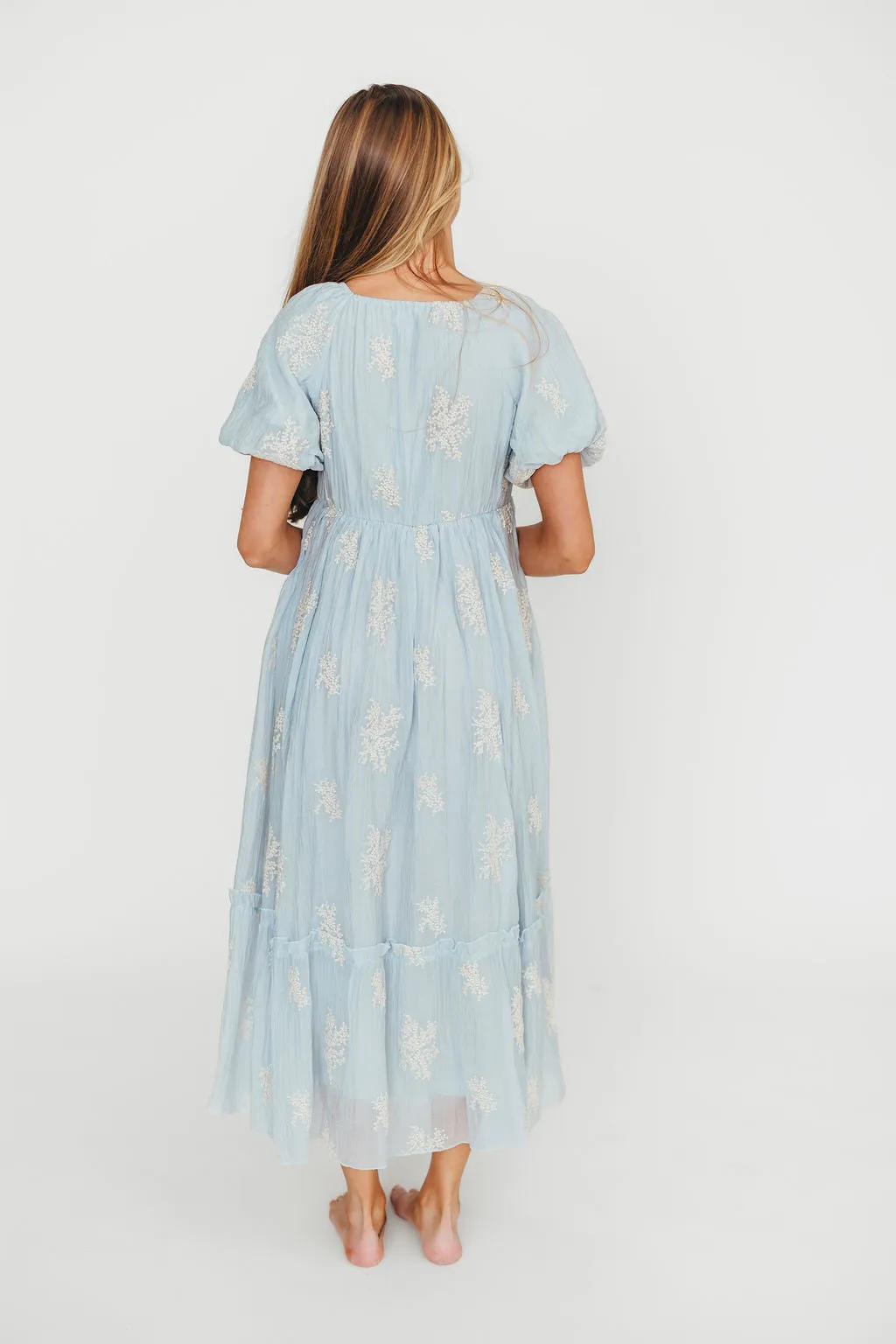 Hallie Embroidered Maxi Dress in Powder Blue - Bump Friendly & Inclusive Sizing (S-3XL)