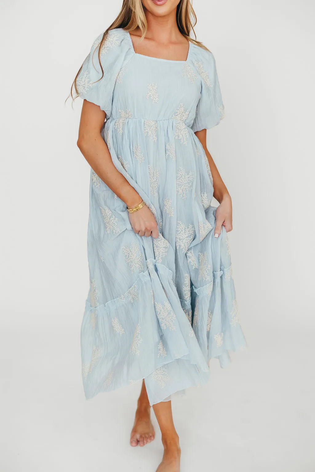 Hallie Embroidered Maxi Dress in Powder Blue - Bump Friendly & Inclusive Sizing (S-3XL)