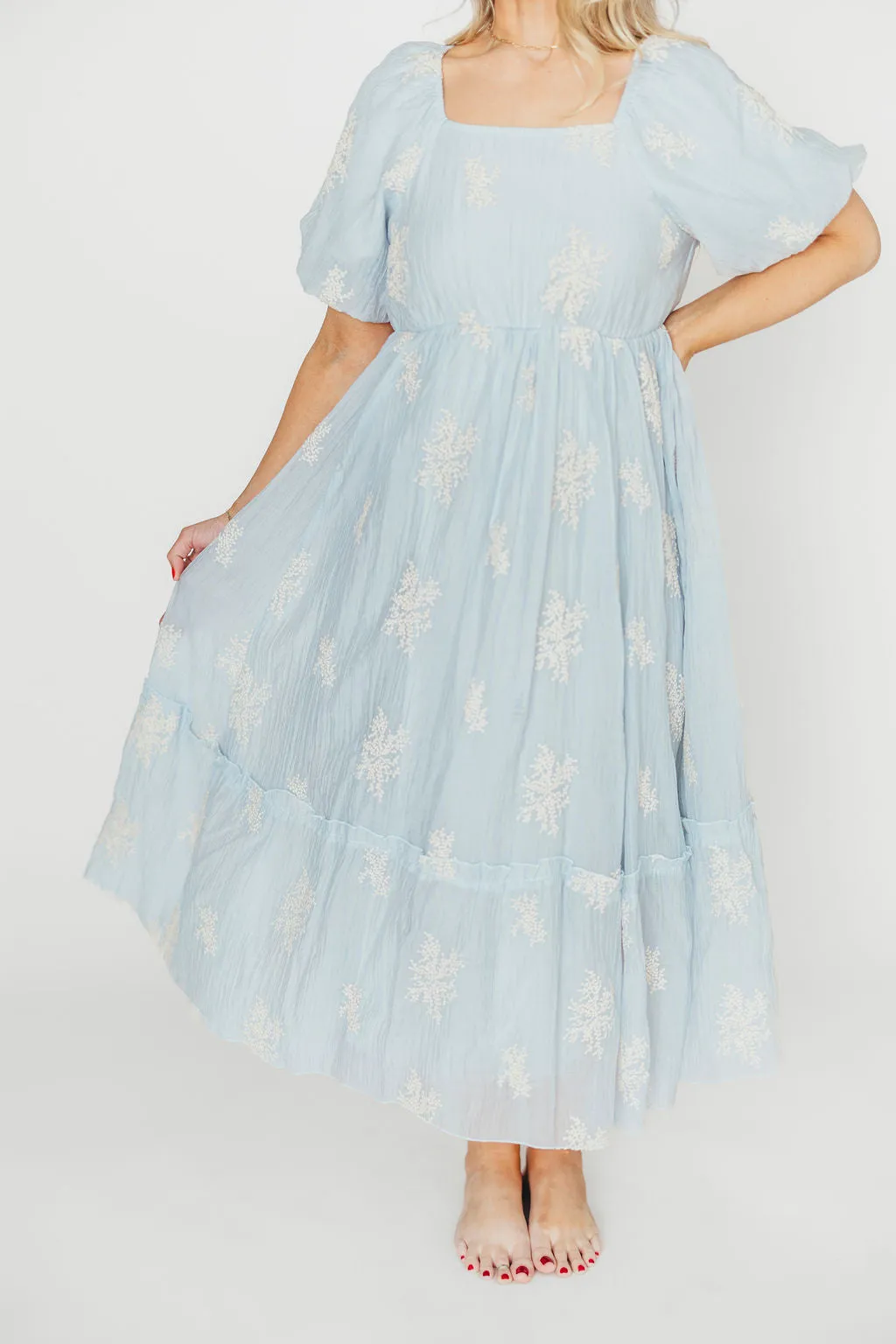 Hallie Embroidered Maxi Dress in Powder Blue - Bump Friendly & Inclusive Sizing (S-3XL)