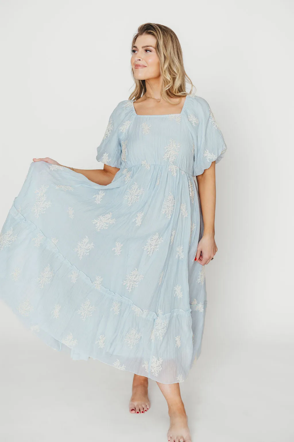 Hallie Embroidered Maxi Dress in Powder Blue - Bump Friendly & Inclusive Sizing (S-3XL)