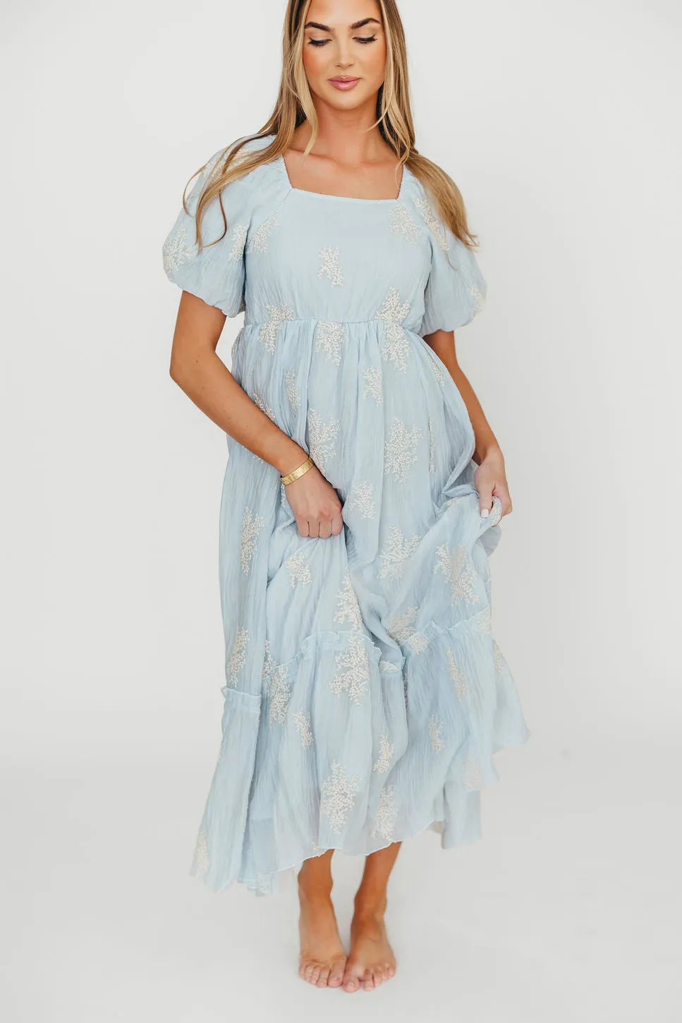 Hallie Embroidered Maxi Dress in Powder Blue - Bump Friendly & Inclusive Sizing (S-3XL)