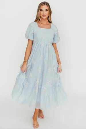 Hallie Embroidered Maxi Dress in Powder Blue - Bump Friendly & Inclusive Sizing (S-3XL)