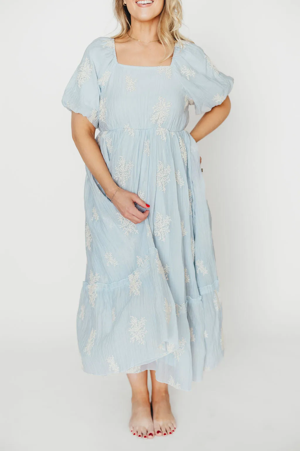 Hallie Embroidered Maxi Dress in Powder Blue - Bump Friendly & Inclusive Sizing (S-3XL)