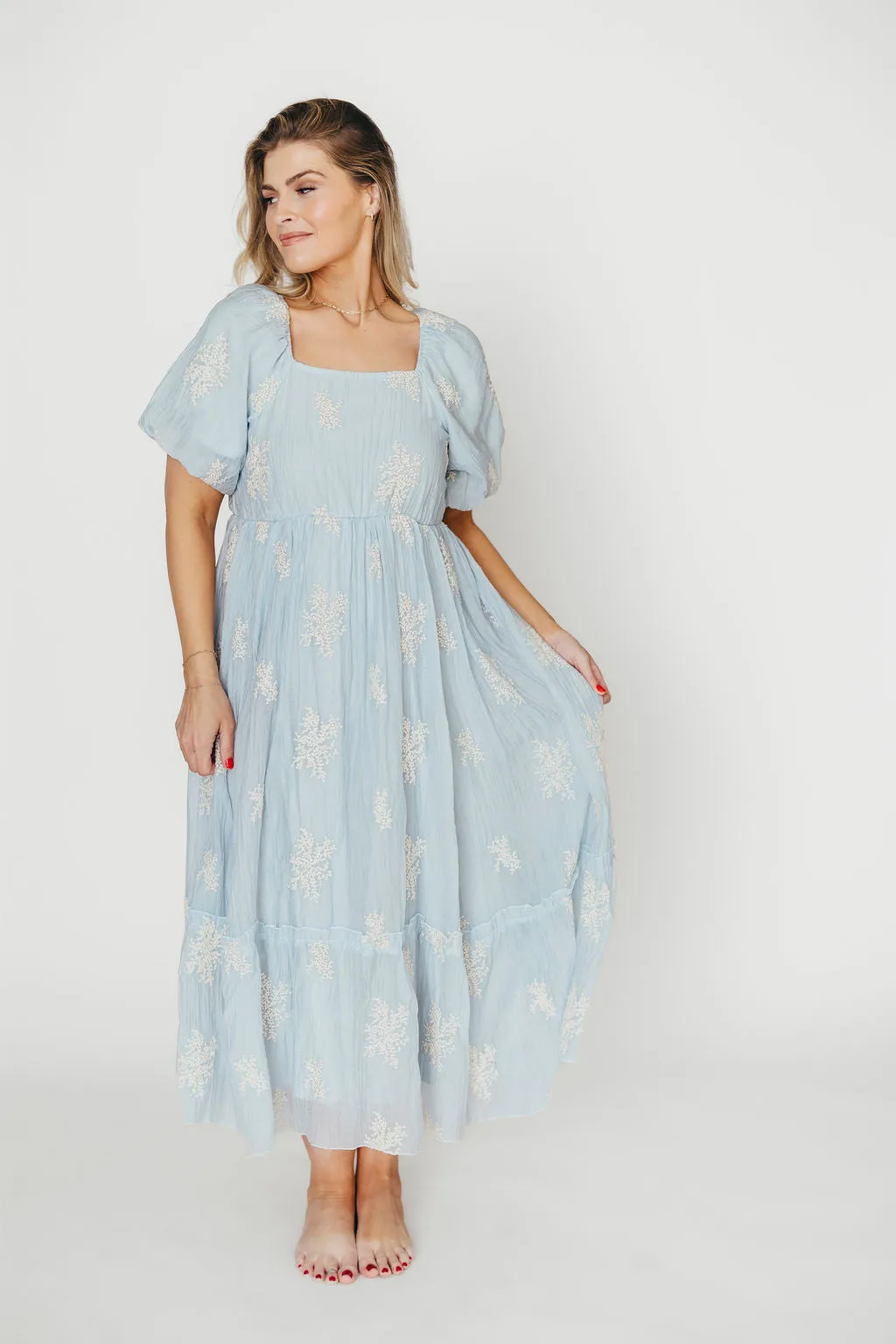 Hallie Embroidered Maxi Dress in Powder Blue - Bump Friendly & Inclusive Sizing (S-3XL)