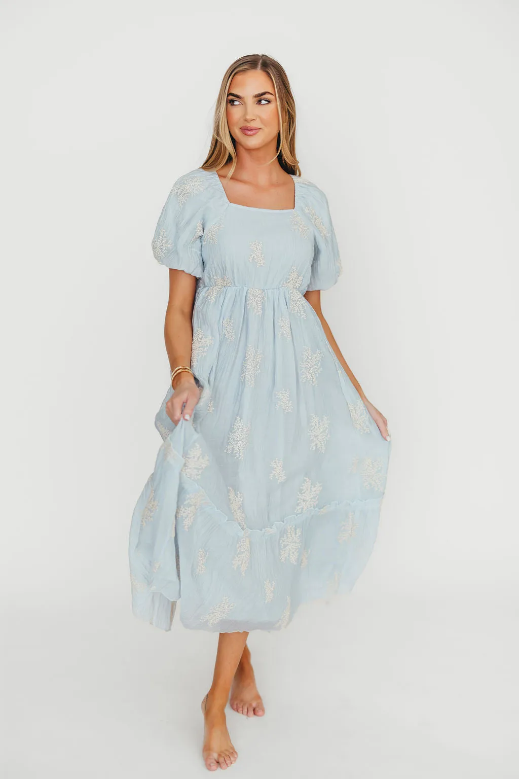 Hallie Embroidered Maxi Dress in Powder Blue - Bump Friendly & Inclusive Sizing (S-3XL)