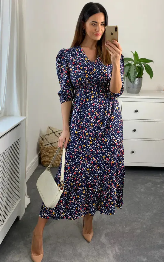 Heart Shirred Waist Midi Dress Colour Multi
