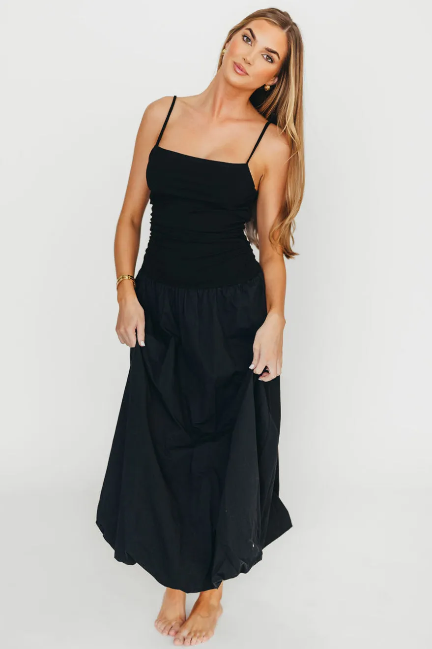 Henley Bubble Hem Midi Dress in Black