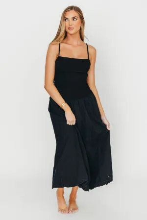 Henley Bubble Hem Midi Dress in Black