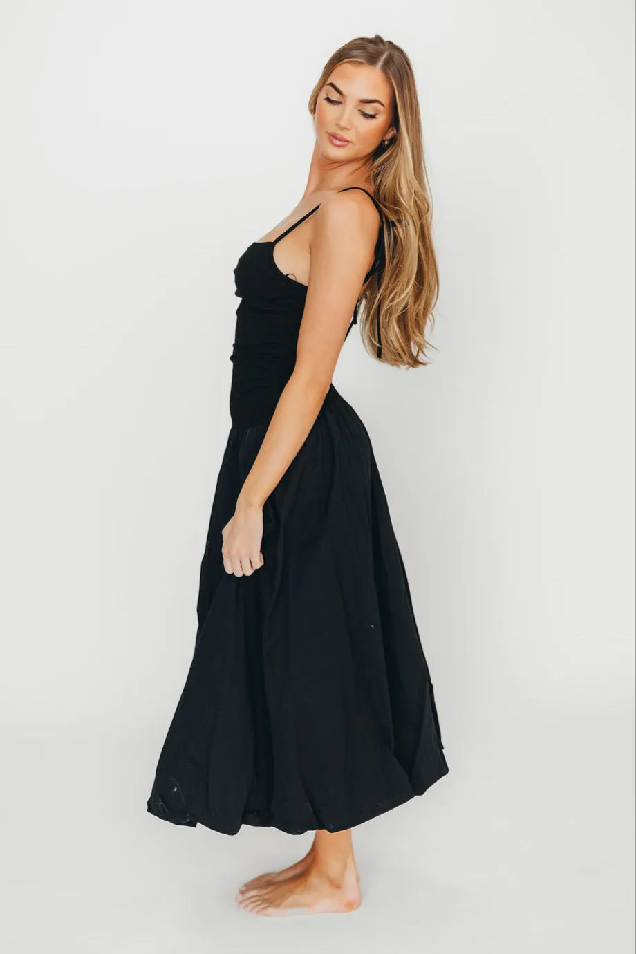 Henley Bubble Hem Midi Dress in Black