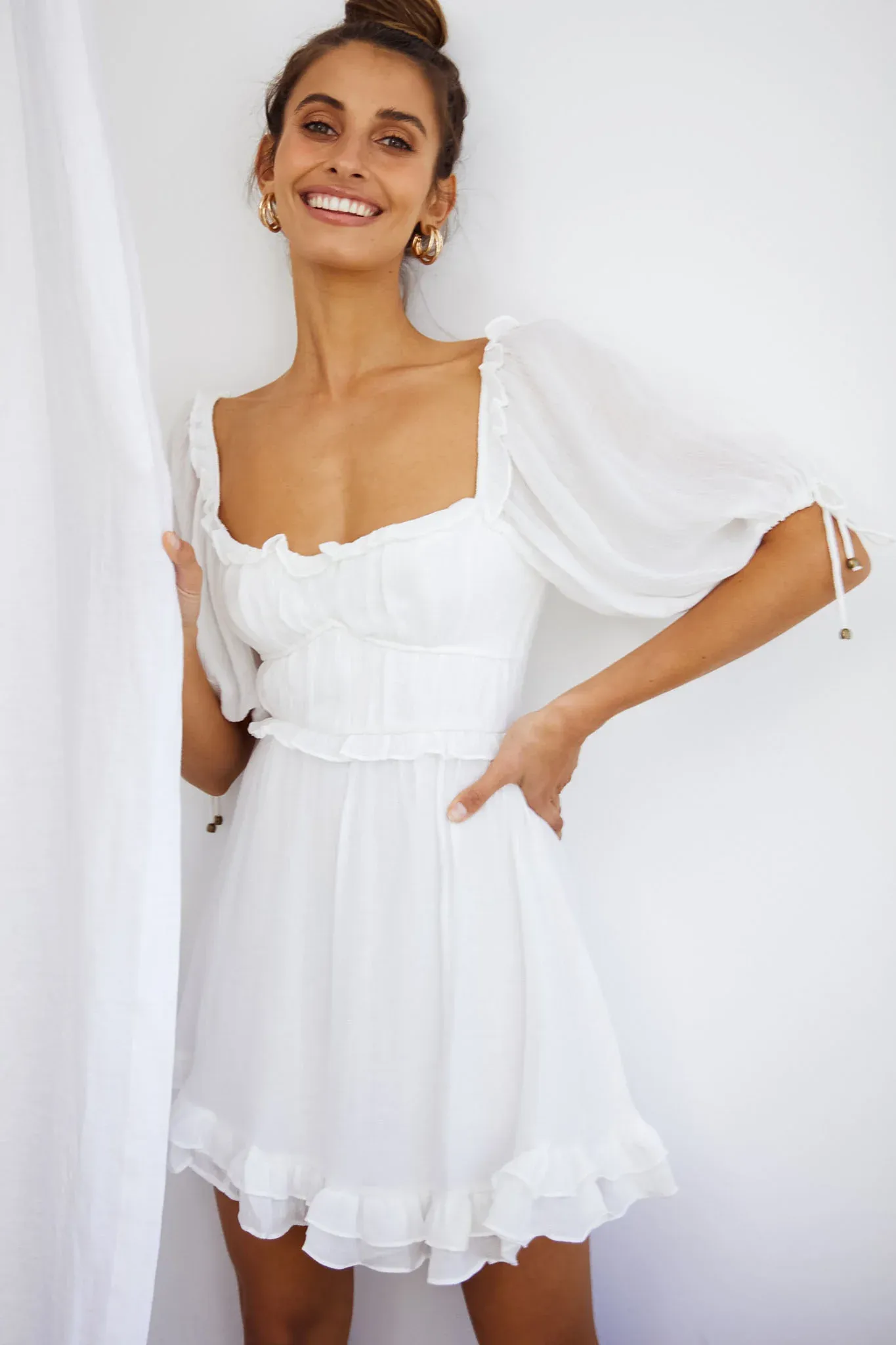 Kirra Puff Sleeve Ruched Bodice Dress White