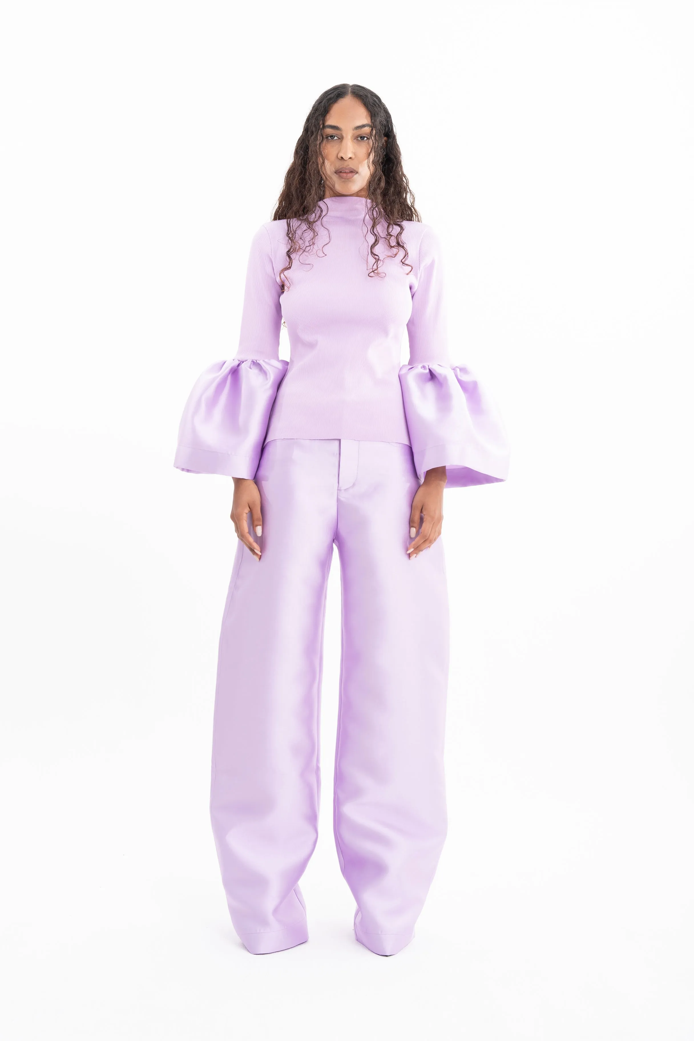 LILAC RIB JERSEY TURTLENECK PUFF SLEEVE TOP