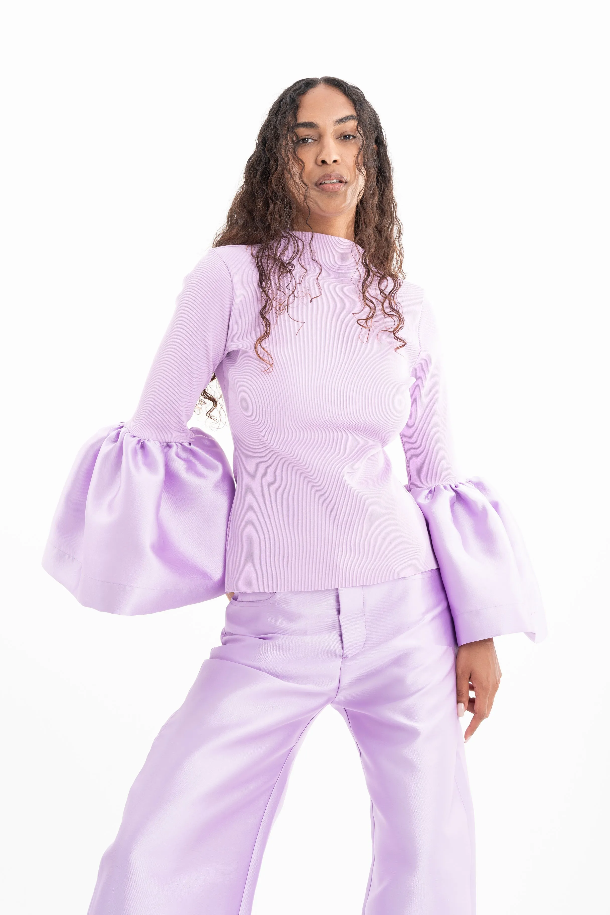 LILAC RIB JERSEY TURTLENECK PUFF SLEEVE TOP