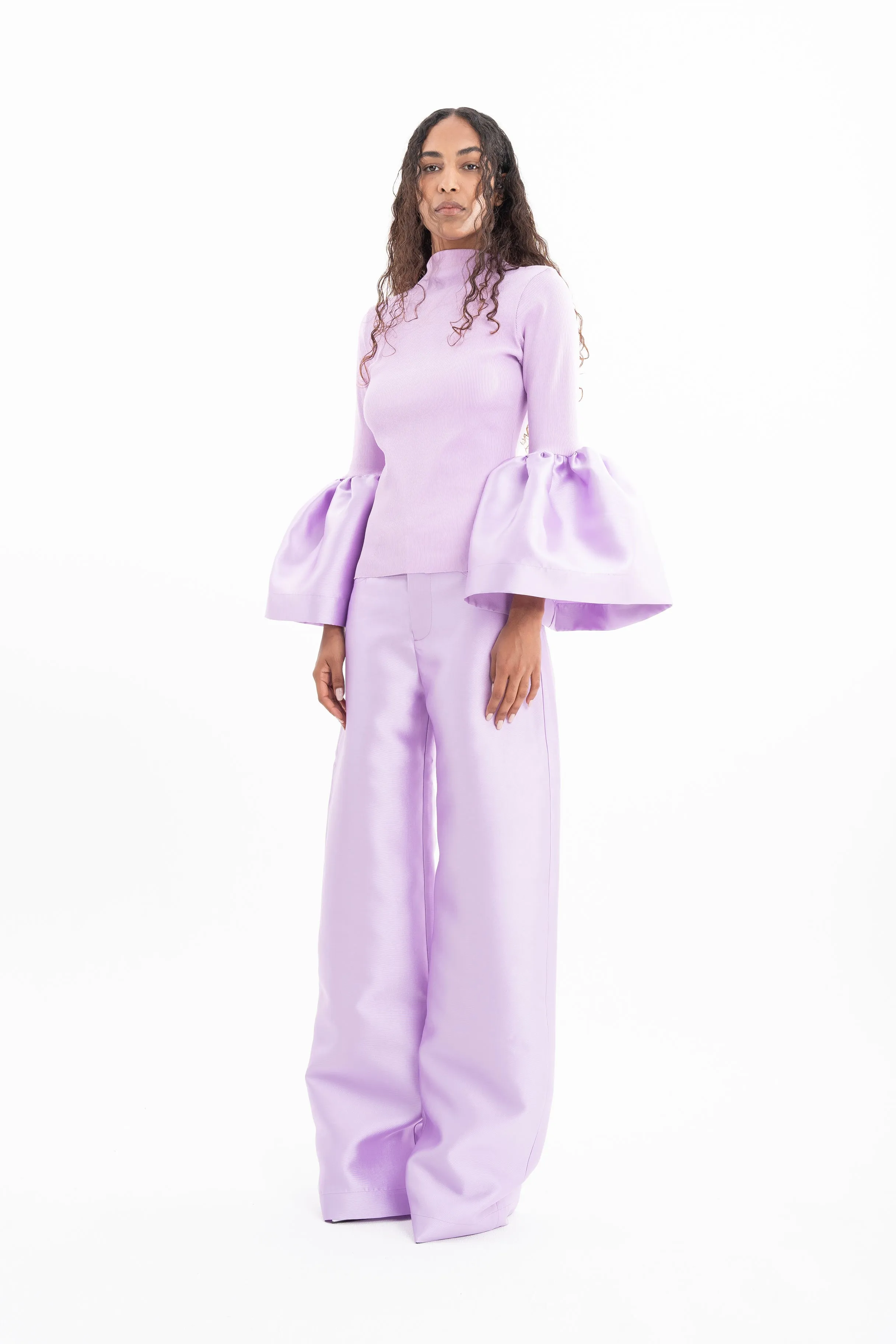 LILAC RIB JERSEY TURTLENECK PUFF SLEEVE TOP