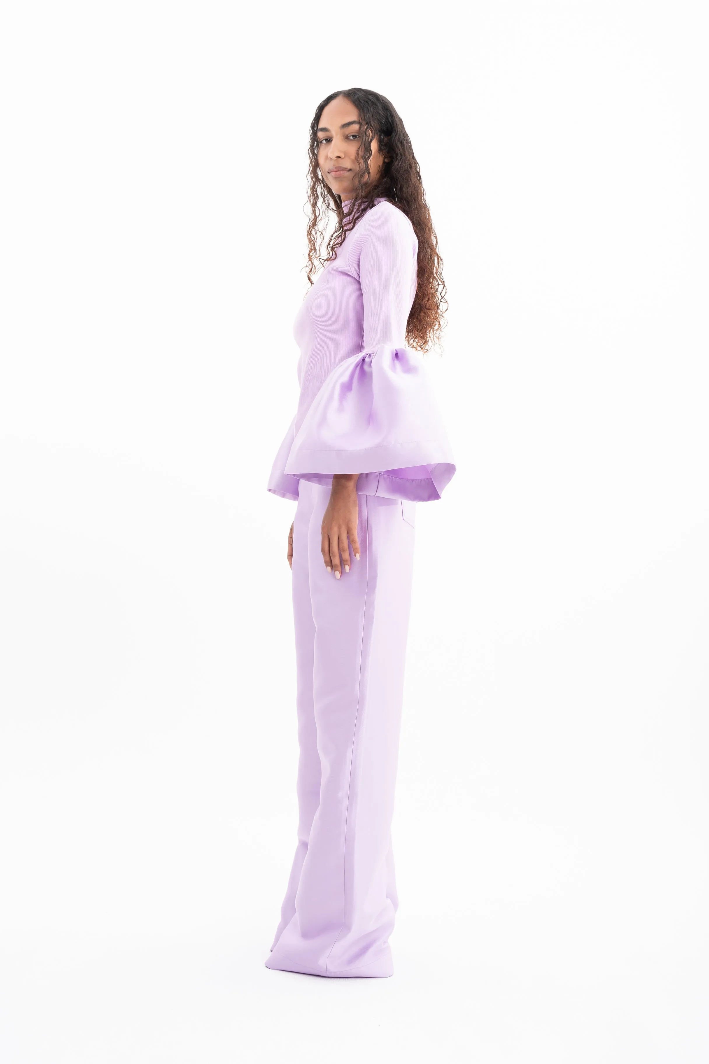 LILAC RIB JERSEY TURTLENECK PUFF SLEEVE TOP