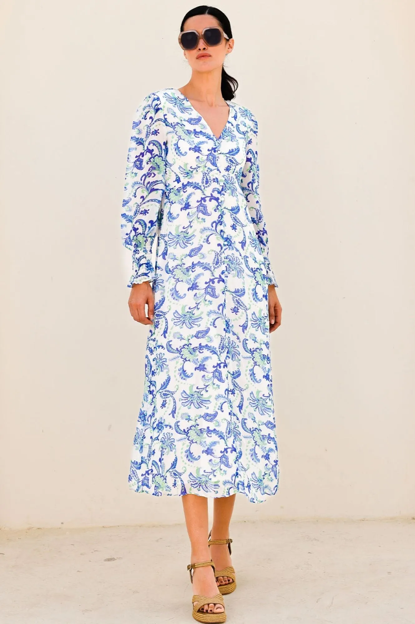 Long Sleeve Sally Anne Dress | Paisley Floral Green/Blue