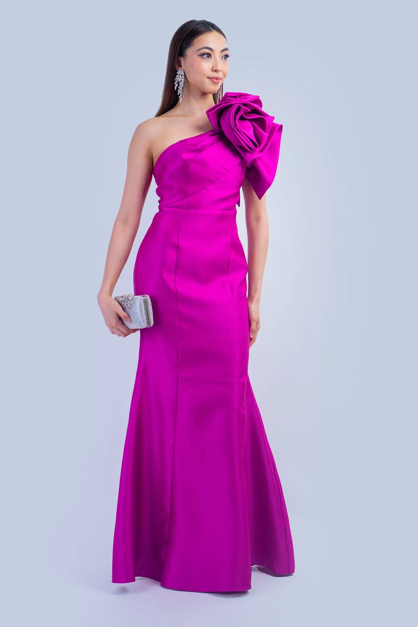 Magenta One Shoulder Dramatic Ruffle Gown