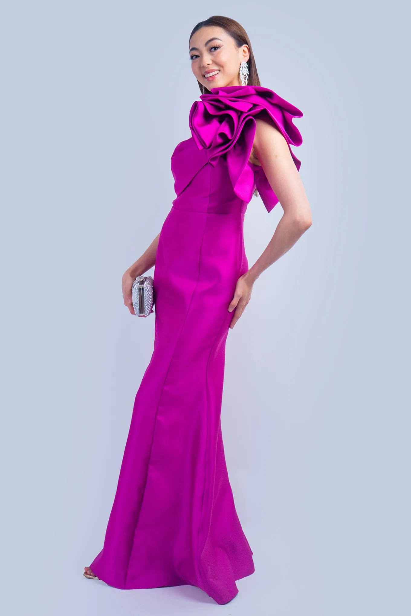 Magenta One Shoulder Dramatic Ruffle Gown