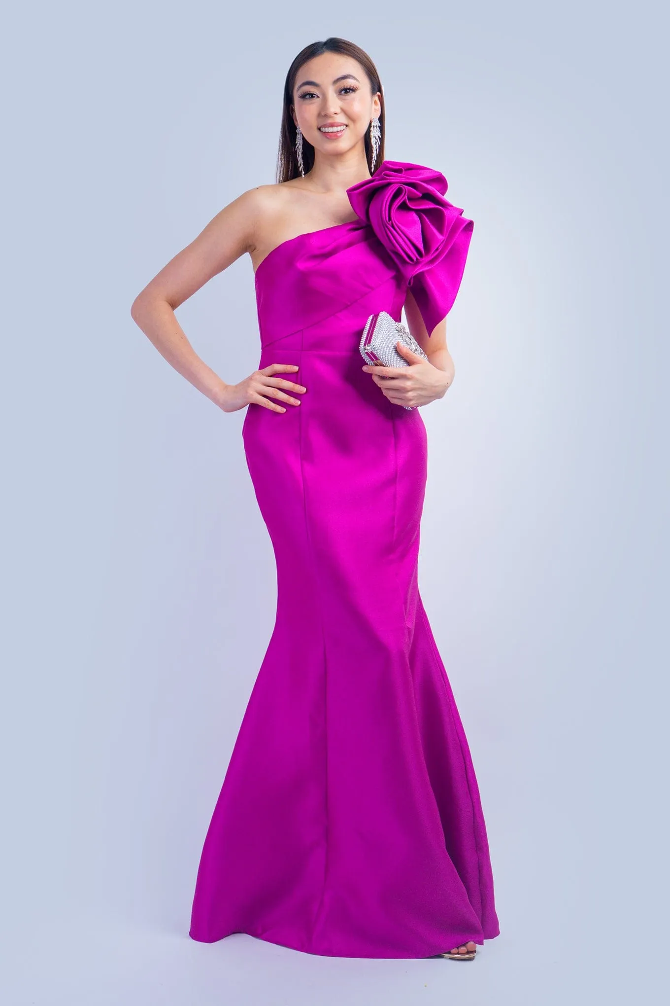 Magenta One Shoulder Dramatic Ruffle Gown