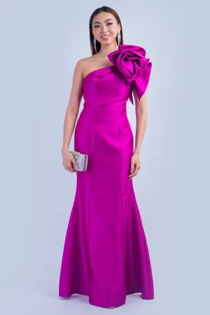 Magenta One Shoulder Dramatic Ruffle Gown