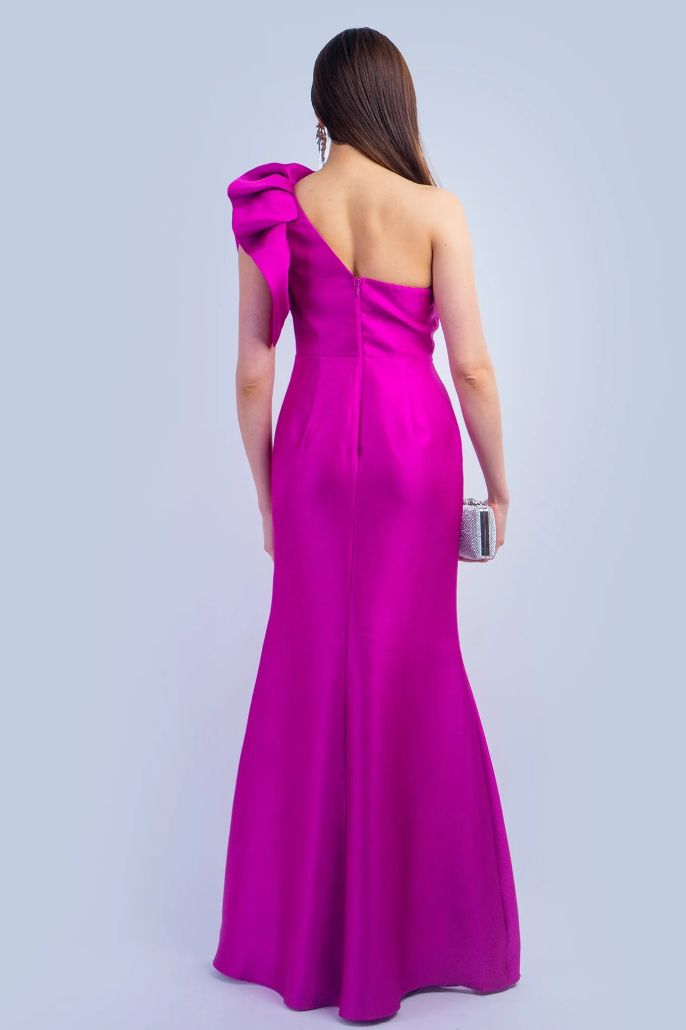 Magenta One Shoulder Dramatic Ruffle Gown